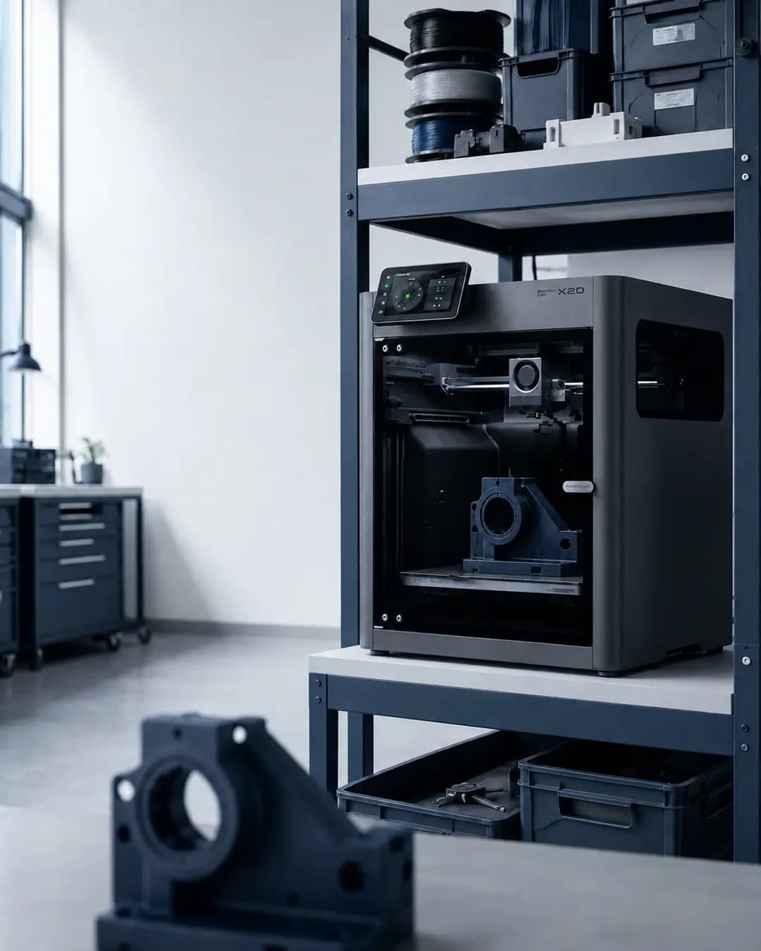 En 3D-printet modulær skriveborsorganizer med penneholdere og telefonstativ, hvor printets laglinjer er synlige